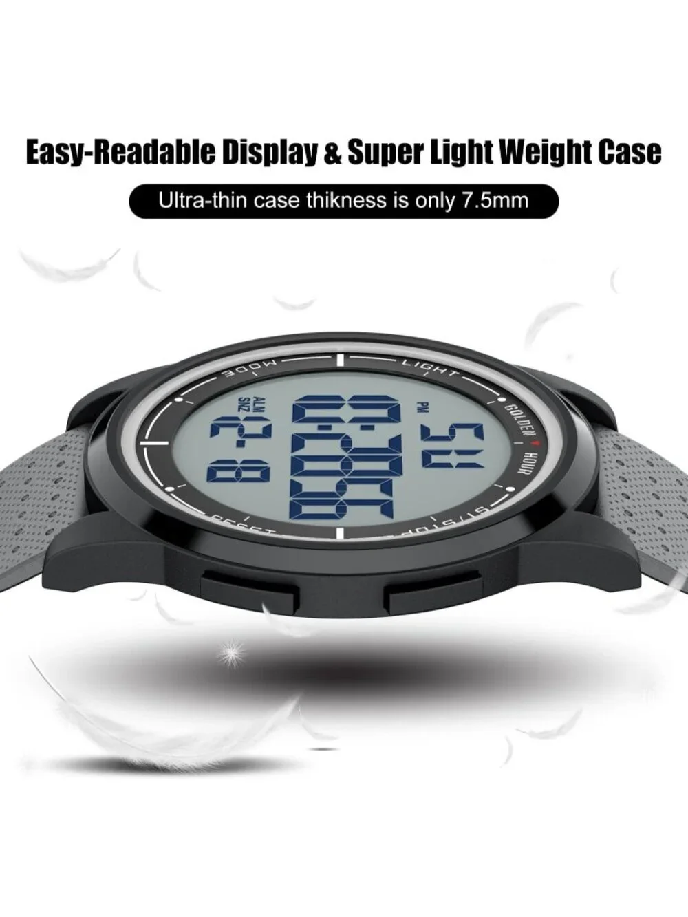 Men's Black Grey Rubber Strap Ultra-Thin Minimalist Waterproof Digital Watch